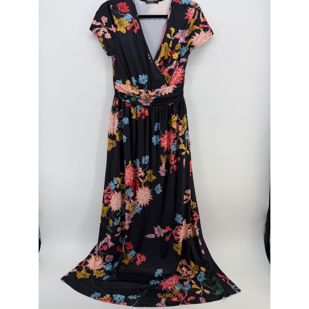OUGES Women's Small Black Floral Maxi Dress Faux Wrap Short Sleeve Pockets